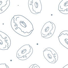Vector illustration. Contour seamless pattern. Donuts in sketch style. Hand drawn food elements. Desserts and sweets festive pattern for textiles, wallpaper, packaging, wrapping paper.