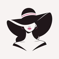 Portret pięknej kobiety w eleganckim kapeluszu z szerokim rondem w minimalistycznym stylu. Młoda dziewczyna z różowymi ustami. Ilustracja wektorowa High Fashion.