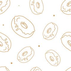 Vector illustration. Contour seamless pattern. Donuts in sketch style. Hand drawn food elements. Desserts and sweets festive pattern for textiles, wallpaper, packaging, wrapping paper.