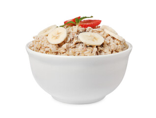 Tasty boiled oatmeal with strawberry, banana and chia seeds in bowl isolated on white