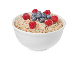 Tasty boiled oatmeal with berries in bowl isolated on white