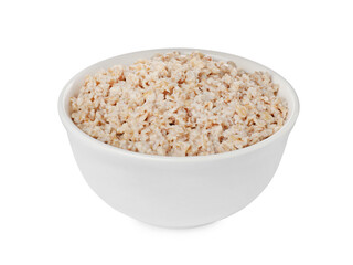 Tasty boiled oatmeal in bowl isolated on white