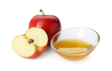 Delicious apples and bowl of honey isolated on white
