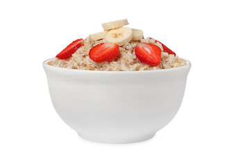 Tasty boiled oatmeal with strawberries and banana in bowl isolated on white
