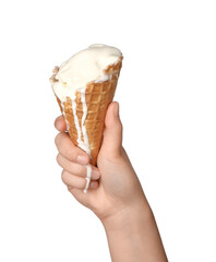 Woman holding melting ice cream isolated on white, closeup