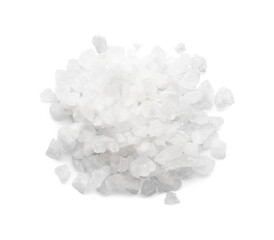 Pile of sea salt isolated on white, top view