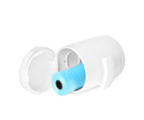 Holder with dog waste bags isolated on white