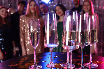 Glasses of champagne on table at prom, closeup