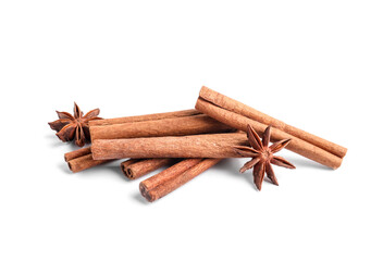 Aromatic cinnamon sticks and anise stars isolated on white