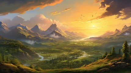 A captivating image capturing the magical moment of a summer sunrise, as the golden rays of the sun break through the clouds, illuminating the rugged peaks and lush greenery of the mountain range.
