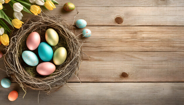 Spring Easter nest basket with easter eggs on wooden table surface background. Blooming spring flowers. Happy easter.  Copy space for text. Springtime, seasons, nature, April, Viewing from the top.
