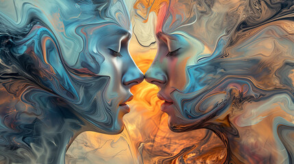 Watercolor painting of two persons in love facing each other with closed eyes. Man and woman, concept of love merge, romance and intimacy. - obrazy, fototapety, plakaty
