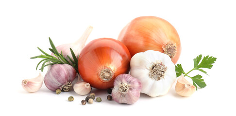 Fresh garlic, onions and spices isolated on white