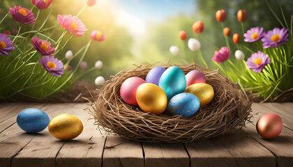Fototapeta na wymiar Spring Easter nest basket with easter eggs on wooden table surface background. Blooming spring flowers. Happy easter. Copy space for text. Springtime, seasons, nature, April, Viewing from the front.