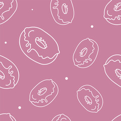 Vector illustration. Contour seamless pattern. Donuts in sketch style. Hand drawn food elements. Desserts and sweets festive pattern for textiles, wallpaper, packaging, wrapping paper.
