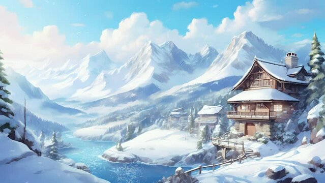 Winter snowy landscape illustration in the mountains with a lake and house panorama. Japanese anime illustration painting style. Seamless Animation 4K Video Background