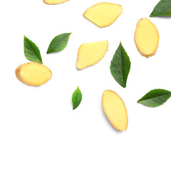 Slices of fresh ginger root and leaves on white background