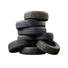 Pile of old tires on transparent background