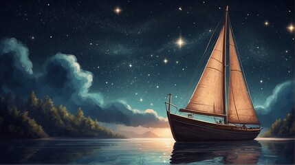 Illustration of a sailing ship in the midnight sea. Midnight M Unconventional Freedom.