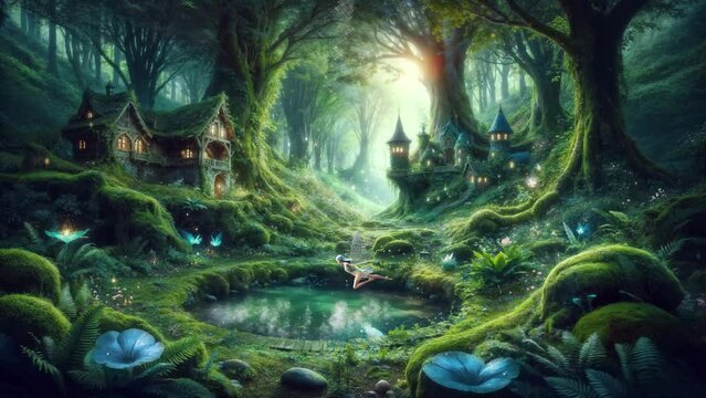 Fairy village, mysterious forest, flying fairies