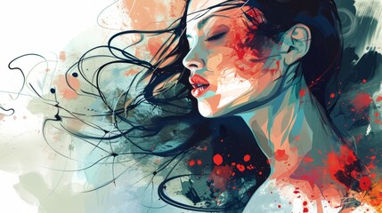 an abstract painting illustration portrait of a beautiful young female person. colorful splashes....