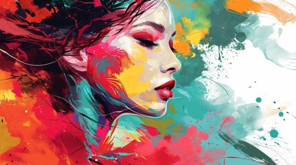 an abstract painting illustration portrait of a beautiful young female person. colorful splashes. Generative AI
