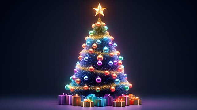 3D Render Christmas Tree Adorned with Animated, Animated Christmas Tree, Festive Decor, Celebration