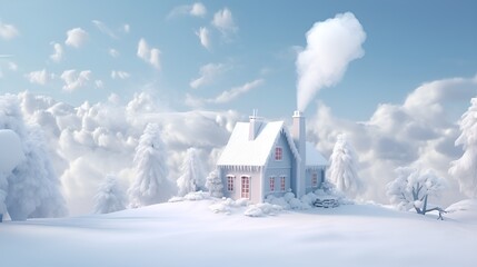 3D Render Snowy Landscape with a Cozy Cottage, Winter Scene, Festive Cabin, Holiday Getaway