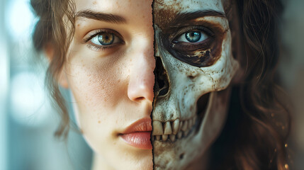 Half face and half skull of a girl showing skin over bone structure. Beauty is skin deep concept - obrazy, fototapety, plakaty