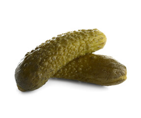 Pickled cucumbers on white background