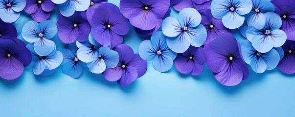 Frame made of beautiful violet and purple pansy flowers on light blue background with copy space. Floral spring backdrop. Border for design greeting card or banner for wedding, mother or woman day - obrazy, fototapety, plakaty