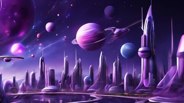 futuristic city with outer space and purple planet, motion
