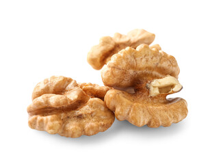 Tasty walnuts on white background