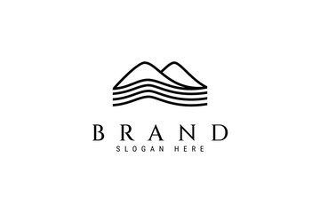 mountain landscape logo with waves in linear design style. - obrazy, fototapety, plakaty