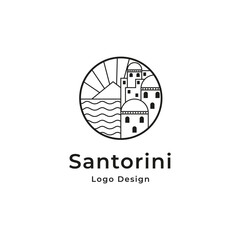 Santorini city logo design template in circle frame line art design style
