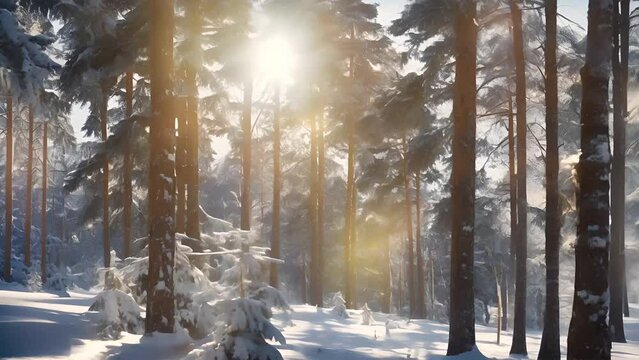 雪の森に差し込む陽光 AI画像