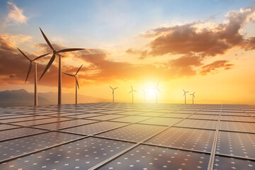 Solar panel and wind turbine against a beautiful sunset sky background, illustrating the concept of...