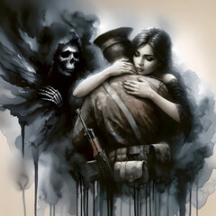 Death staring over a couple. A soldier leaves for war while his love says goodbye. Death standing from behind
