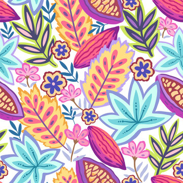 Colorful tropical seamless pattern. Abstract psychedelic motif with plant and floral elements. Joyful print for design. Vector illustration