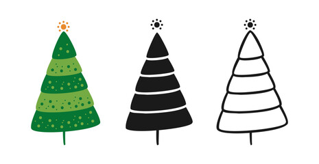 Obraz premium Christmas tree symbol cartoon and doodle, stamp stylized set. New Years and xmas traditional pine happy design for greeting card, invitation, banner, poster. Christmas trees abstract hand drawn vector