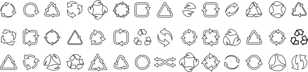 Set of Black linear Recycle icons. Rounded angles. Ecology, Bio rotation arrows, leaf symbols editable stock that revolve endless Reuse concept Recycled. Signs illustration on transparent background.