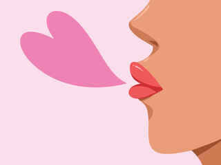 Face from side view close up with red lipstick lips and tanned skin. Duck face, kissing gesture with heart decoration vector illustration isolated on plain pink horizontal ratio background.  - obrazy, fototapety, plakaty