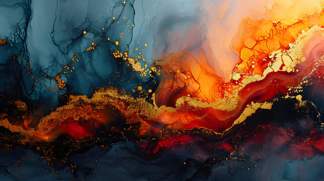 Natural abstract fluid art painting in alcohol ink technique.  Mixture of colors creating transparent waves and golden swirls. For posters, other printed materials