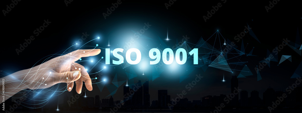 Poster iso 9001 icon. implementing iso 9001 quality management standards