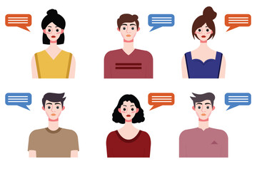 Set of young people avatars with speech bubbles. Vector illustration.