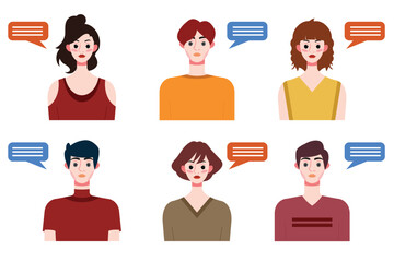 Fototapeta premium Set of young people avatars with speech bubbles. Vector illustration.