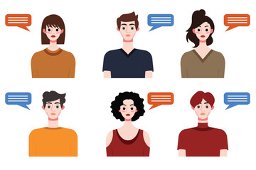 Set of young people avatars with speech bubbles. Vector illustration.