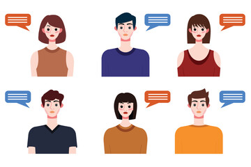 Set of young people avatars with speech bubbles. Vector illustration.