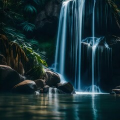 nice waterfall near the greenery in the jungle with small rocks 
