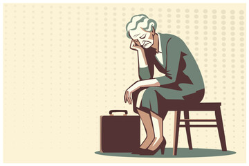 senior old elderly woman, sitting alone,  feeling sad lost depression, crisis financial living concept , minimal comic flat design, vector art illustration  - obrazy, fototapety, plakaty